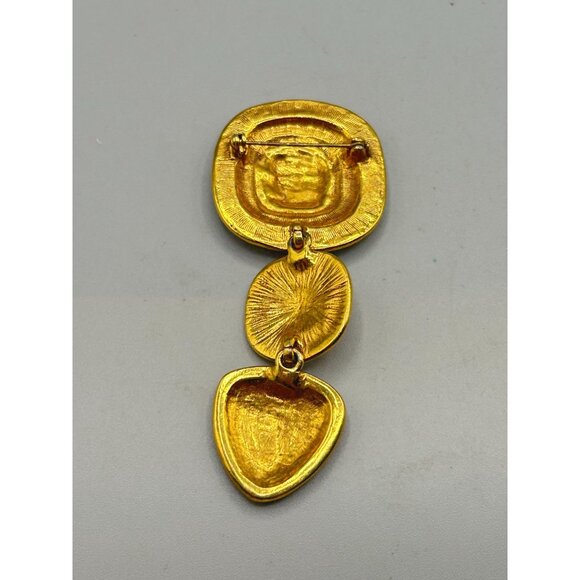 Matte Gold Tone Oversized Pin Brooch Etruscan Revival Geometric Black Enamel - Picture 5 of 6